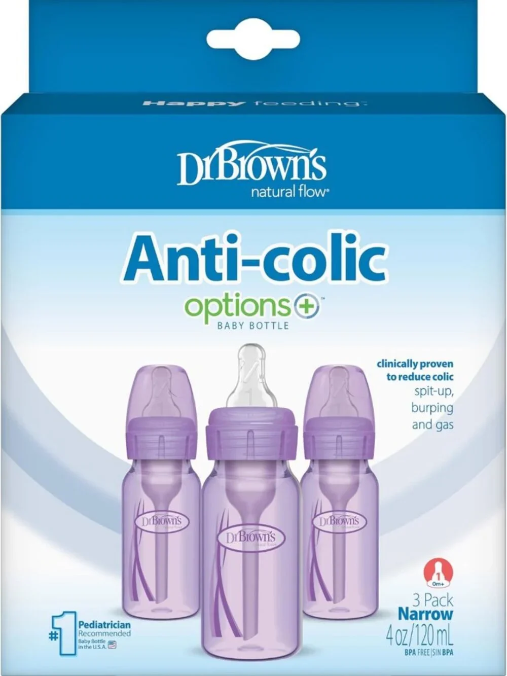 Natural Flow Anti-Colic Baby Bottles 4 oz, Slow Flow Nipple, Lavender, 3 Pack